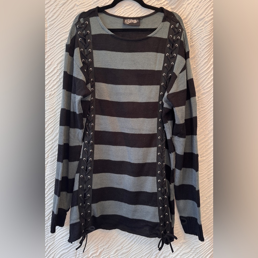 Striped Black and Gray Sweater Dress with Lace-Up Sides